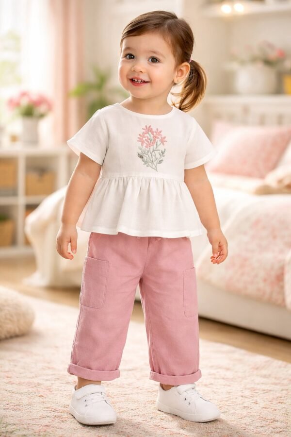 Kız Çocuk Çiçek Nakışlı Müslin Kumaşlı Gömlek Uzun Bol Paça Pantolon Takım, Kız Çocuk Giyim, Yazlık, Nakışlı, Hafif Kumaş - Gorsel 2