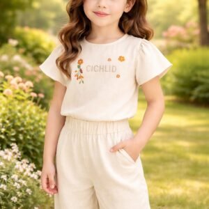 Kız Çocuk Keten Takım Krem Renkli Çiçek Desenli Yazlık Bahar Modası