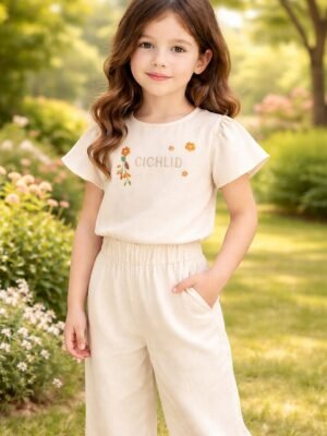 Kız Çocuk Keten Takım Krem Renkli Çiçek Desenli Yazlık Bahar Modası