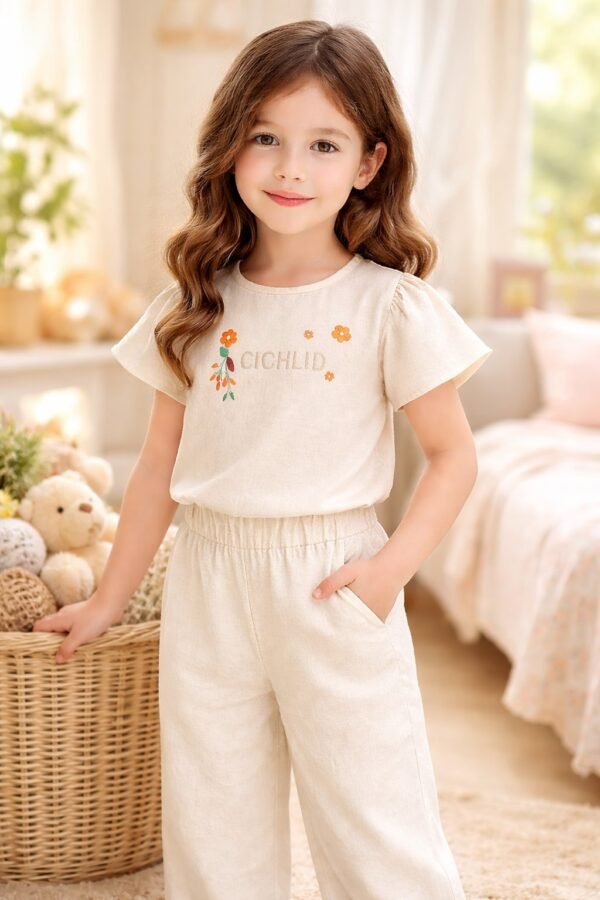 Kız Çocuk Keten Takım Krem Renkli Çiçek Desenli Yazlık Bahar Modası - Gorsel 2
