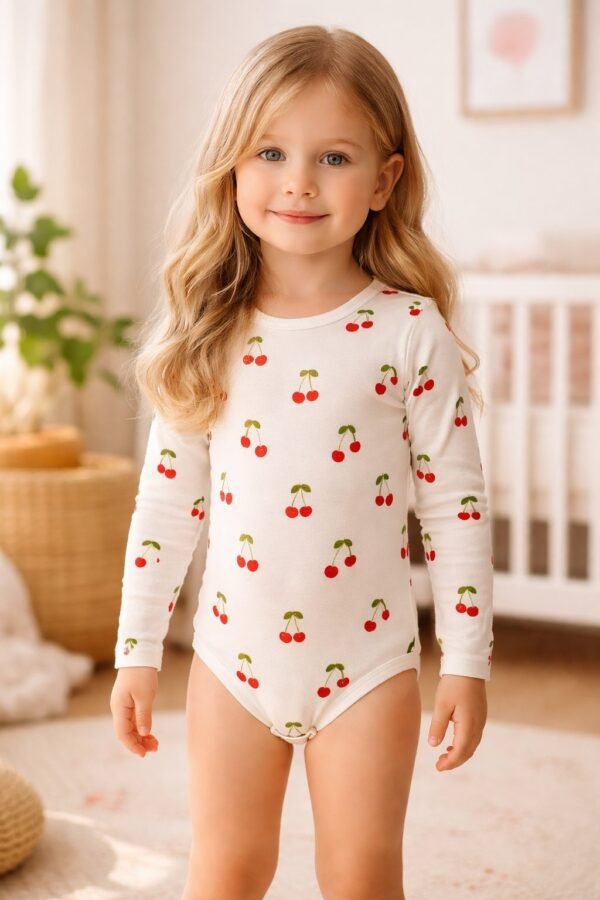 Kız Çocuk Çilek Baskılı Uzun Kol Pamuklu Çıtçıtlı Bady, rahat ve şık çocuk giyim - Gorsel 2