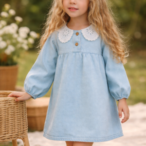 Kız Çocuk Mavi Kot Elbise Dantel Yakalı Düğmeli rahat çocuk giyim