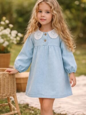 Kız Çocuk Dantel Yakalı Düğmeli Mavi Kot Elbise, çocuk giyim, rahat ve şık