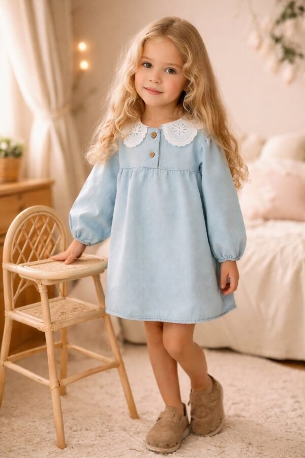 Kız Çocuk Dantel Yakalı Düğmeli Mavi Kot Elbise, çocuk giyim, rahat ve şık - Gorsel 2