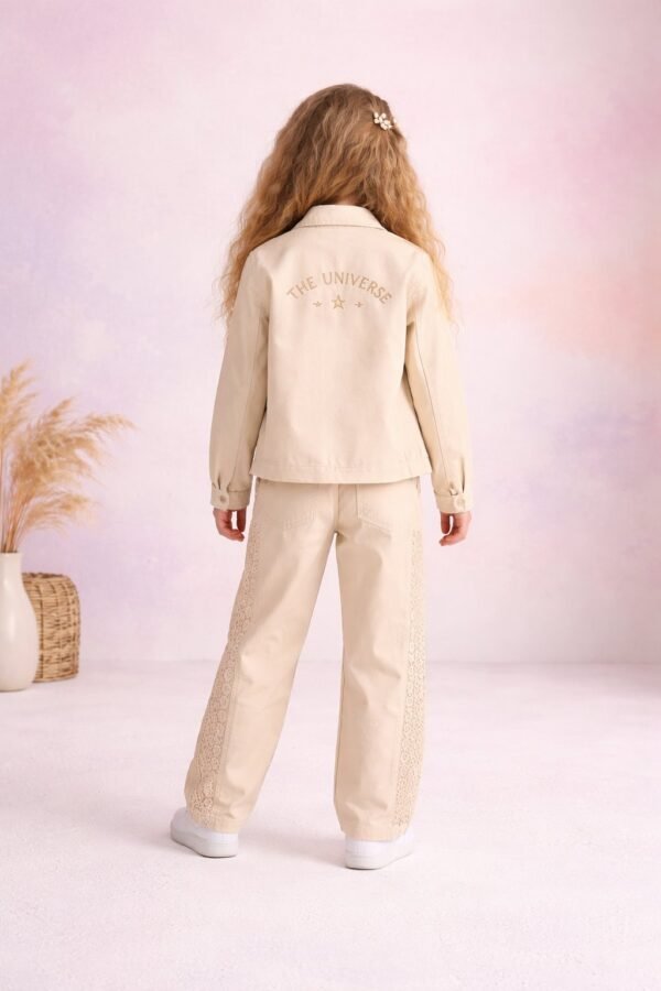 Kız Çocuk Krem Renkli Dantelli Takım, Yazlık 3 Parça, Baskılı ve Rahat - Gorsel 4