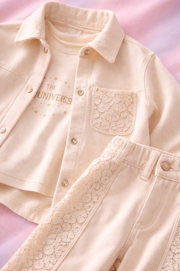Kız Çocuk Krem Renkli Dantelli Takım, Yazlık 3 Parça, Baskılı ve Rahat - Gorsel 3