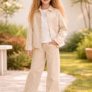 Kız Çocuk Krem Renkli Dantelli Takım, Yazlık 3 Parça, Baskılı ve Rahat