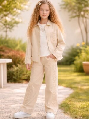 Kız Çocuk Krem Renkli Dantelli Takım, Yazlık 3 Parça, Baskılı ve Rahat