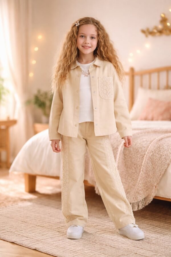 Kız Çocuk Krem Renkli Dantelli Takım, Yazlık 3 Parça, Baskılı ve Rahat - Gorsel 2