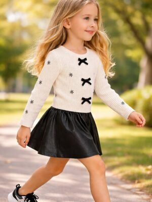 Kız Çocuk Deri Etekli Takım Uzun Kollu Renkli Günlük Giyim