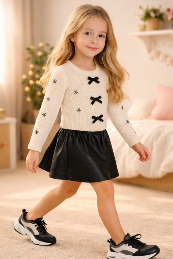 Kız Çocuk Deri Etekli Takım Uzun Kollu Renkli Günlük Giyim - Gorsel 2