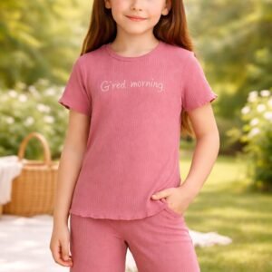 Kız Çocuk Fitilli Kısa Kollu Pamuklu Pudra Renk Takım, çocuk giyim, rahat ve şık