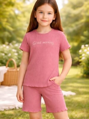 Kız Çocuk Fitilli Kısa Kollu Pamuklu Pudra Renk Takım, çocuk giyim, rahat ve şık