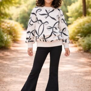 Kız Çocuk Fiyonk Baskılı İspanyol Paça Takım Siyah Renkli rahat ve şık giyim