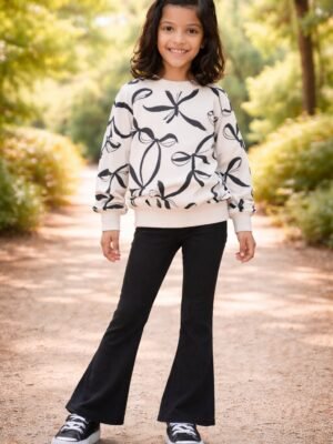 Kız Çocuk Fiyonk Baskılı İspanyol Paça Takım Siyah Renkli rahat ve şık giyim