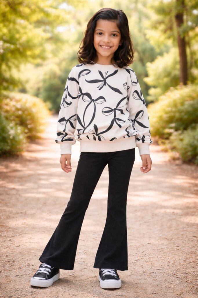 Kız Çocuk Fiyonk Baskılı İspanyol Paça Takım Siyah Renkli rahat ve şık giyim