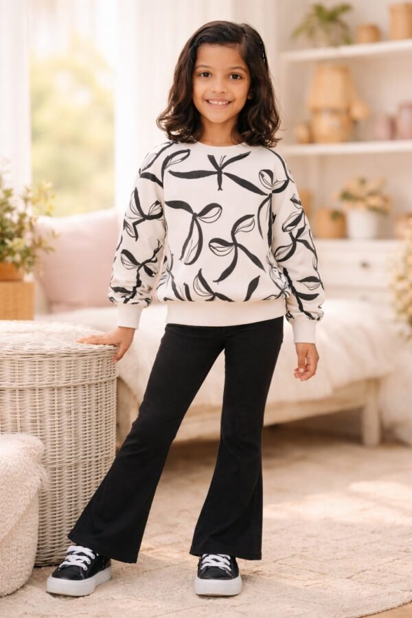 Kız Çocuk Fiyonk Baskılı İspanyol Paça Takım Siyah Renkli rahat ve şık giyim - Gorsel 2