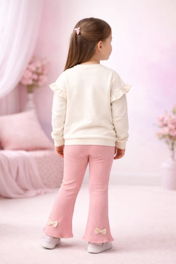 Kız Çocuk Fiyonk Baskılı Uzun Kollu Takım Krem Renkli Günlük Giyim Sevimli Tasarım - Gorsel 4