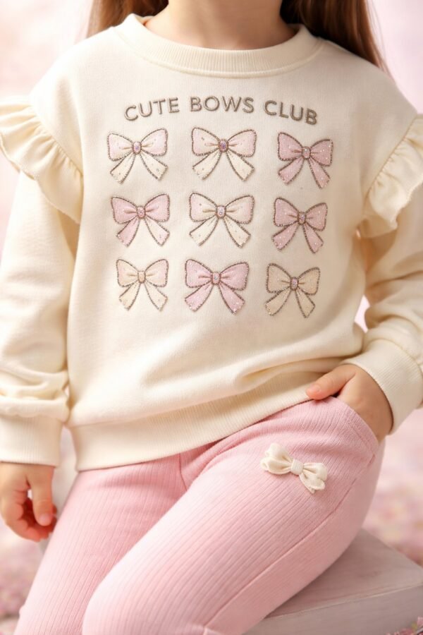 Kız Çocuk Fiyonk Baskılı Uzun Kollu Takım Krem Renkli Günlük Giyim Sevimli Tasarım - Gorsel 3