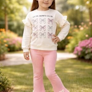 Kız Çocuk Fiyonk Baskılı Uzun Kollu Takım Krem Renkli Günlük Giyim Sevimli Tasarım