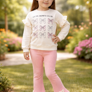 Kız Çocuk Fiyonk Baskılı Uzun Kollu Takım, rahat ve sevimli çocuk giyim