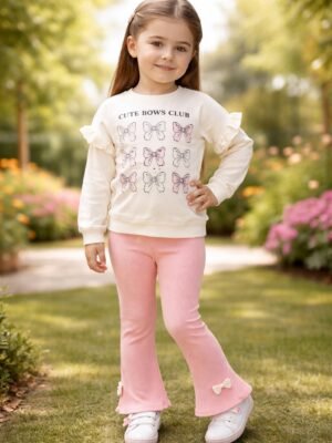 Kız Çocuk Fiyonk Baskılı Uzun Kollu Takım Krem Renkli Günlük Giyim Sevimli Tasarım