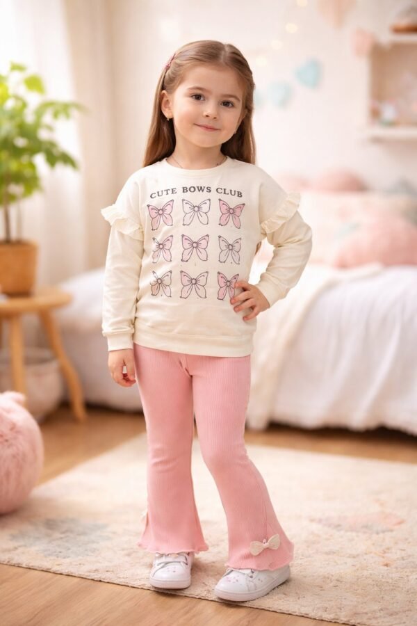 Kız Çocuk Fiyonk Baskılı Uzun Kollu Takım Krem Renkli Günlük Giyim Sevimli Tasarım - Gorsel 2