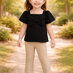 Kız Çocuk Fiyonk Detaylı Siyah Kısa Kollu Tişört ve Tayt Takımı