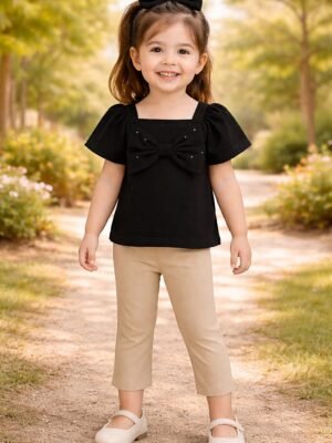 Kız Çocuk Fiyonk Detaylı Siyah Kısa Kollu Tişört ve Tayt Takımı, Kız Çocuk Giyim, Rahat ve Şık
