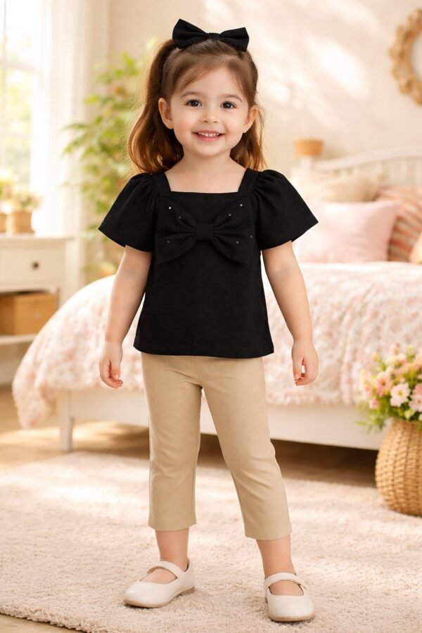Kız Çocuk Fiyonk Detaylı Siyah Kısa Kollu Tişört ve Tayt Takımı, Kız Çocuk Giyim, Rahat ve Şık - Gorsel 2