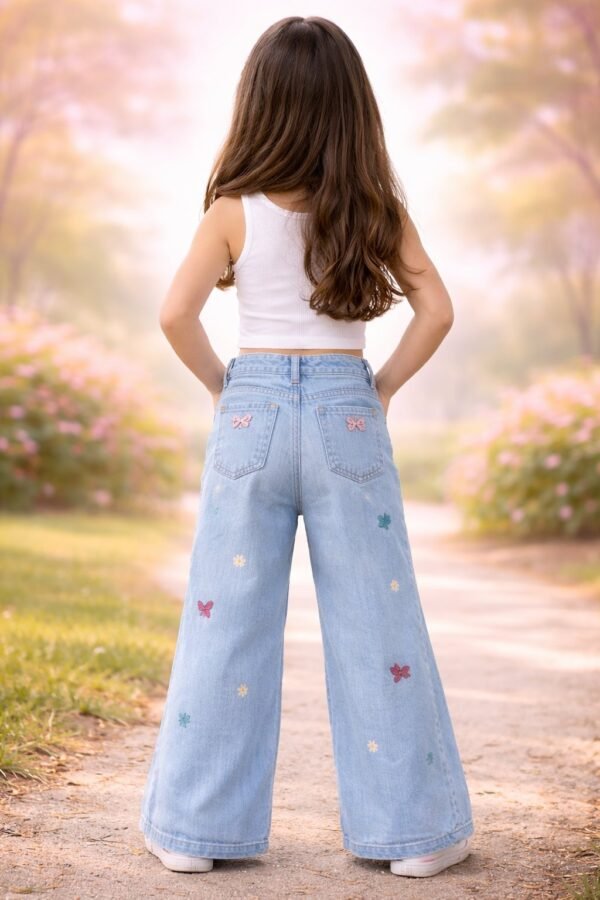 Kız Çocuk Fiyonk İşlemeli Garson Boy Bol Paçalı Kot Pantolon mavi renkli desenli rahat - Gorsel 4