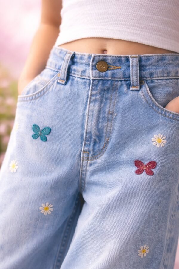 Kız Çocuk Fiyonk İşlemeli Garson Boy Bol Paçalı Kot Pantolon mavi renkli desenli rahat - Gorsel 3