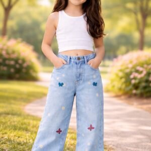 Kız Çocuk Fiyonk İşlemeli Garson Boy Bol Paçalı Kot Pantolon mavi renkli desenli rahat