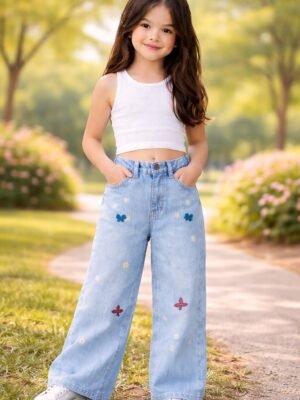 Kız Çocuk Fiyonk İşlemeli Garson Boy Bol Paçalı Kot Pantolon mavi renkli desenli rahat