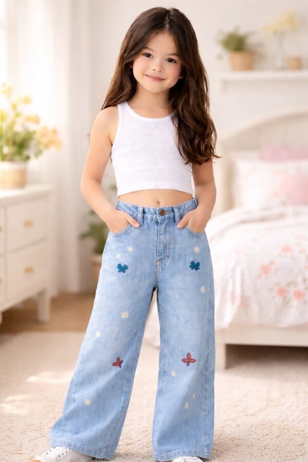 Kız Çocuk Fiyonk İşlemeli Garson Boy Bol Paçalı Kot Pantolon mavi renkli desenli rahat - Gorsel 2