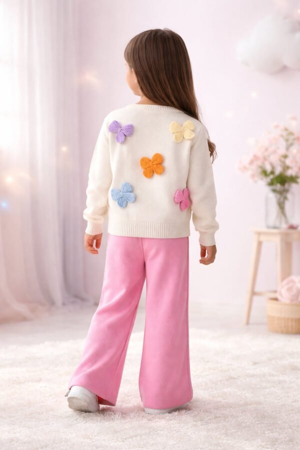 Kız Çocuk Fiyonk İşlemeli Triko Takım, Krem renk, kelebek motifleri, günlük kullanım - Gorsel 4