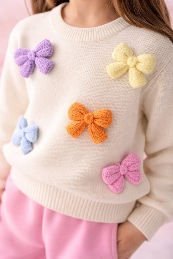 Kız Çocuk Fiyonk İşlemeli Triko Takım, Krem renk, kelebek motifleri, günlük kullanım - Gorsel 3