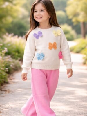Kız Çocuk Fiyonk İşlemeli Triko Takım, Krem renk, kelebek motifleri, günlük kullanım