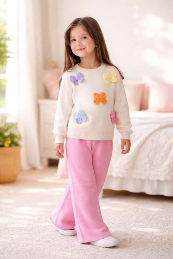 Kız Çocuk Fiyonk İşlemeli Triko Takım, Krem renk, kelebek motifleri, günlük kullanım - Gorsel 2