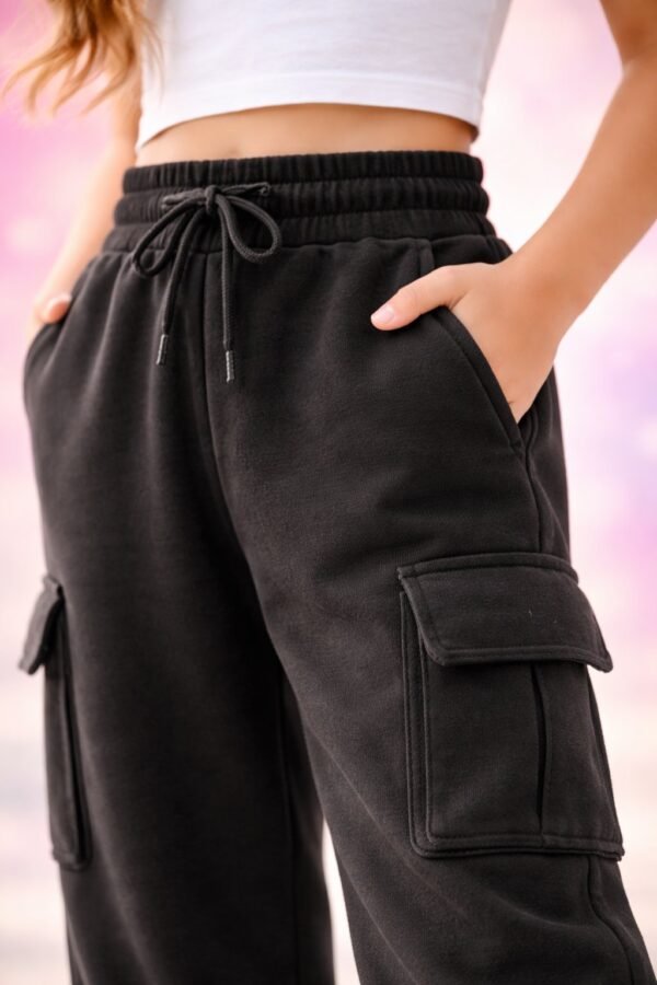 Kız Çocuk Geniş Paça Kargo Cepli Eşofman Altı rahat ve şık spor pantolon - Gorsel 3