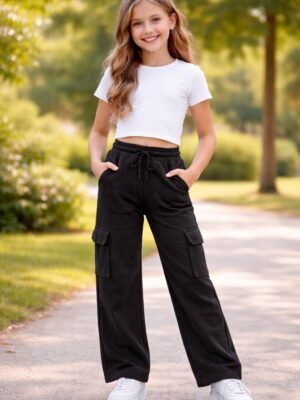 Kız Çocuk Geniş Paça Kargo Cepli Eşofman Altı rahat ve şık spor pantolon