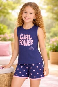 Kız Çocuk Girl Power Baskılı Askılı Kollu Şortlu Pijama Takımı