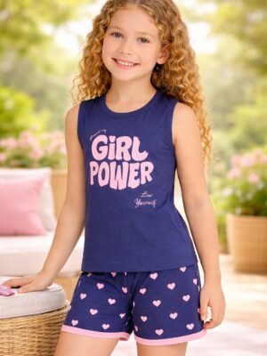 Kız Çocuk Pijama Takımı Lacivert Askılı Şortlu Yazlık Rahat Giyim