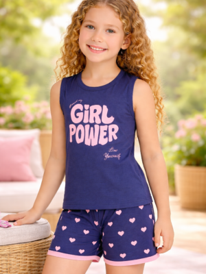 Kız Çocuk Pijama Takımı Lacivert Askılı Şortlu Yazlık Rahat Giyim