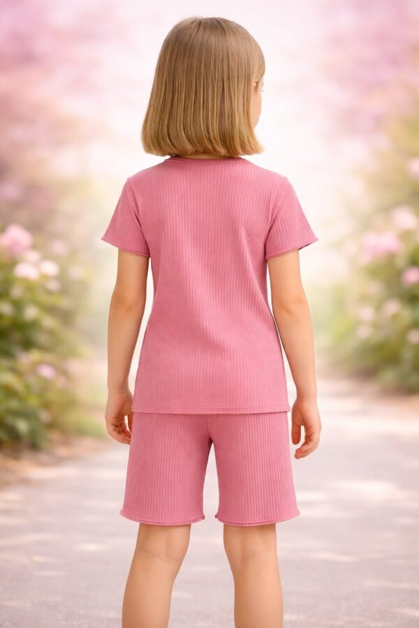 Kız Çocuk Giyim Gül Kurusu Renkli Yazlık Kısa Kollu Takım rahat hareket - Gorsel 4