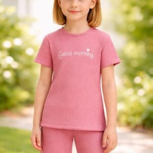 Kız Çocuk Giyim Gül Kurusu Renkli Yazlık Kısa Kollu Takım