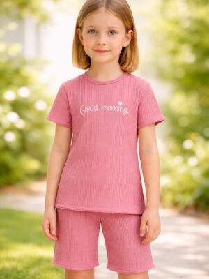 Kız Çocuk Giyim Gül Kurusu Renkli Yazlık Kısa Kollu Takım rahat hareket