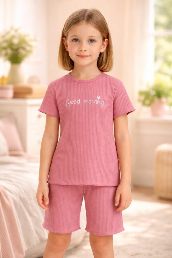 Kız Çocuk Giyim Gül Kurusu Renkli Yazlık Kısa Kollu Takım rahat hareket - Gorsel 2