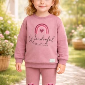 Kız Çocuk Giyim Gökkuşağı Baskılı Uzun Kollu Takım