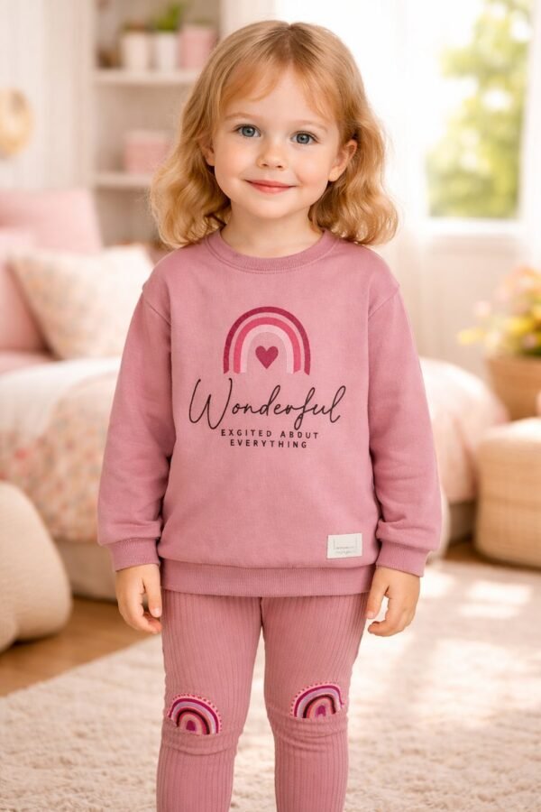 Kız Çocuk Giyim Gökkuşağı Baskılı Uzun Kollu Takım, rahat ve hareketli çocuk kıyafeti - Gorsel 2